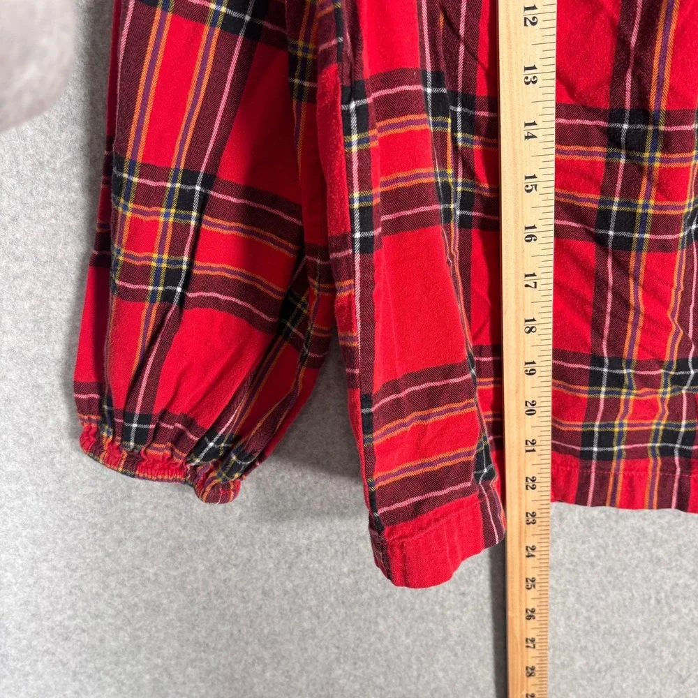 J Crew Tartan Plaid Flannel Ruffle Blouse Small Red Popover Festive Twee Country